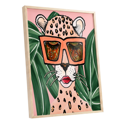 Leopard in Coral Shades, pink, green, orange nature wall art shown as a oak framed poster wall art print