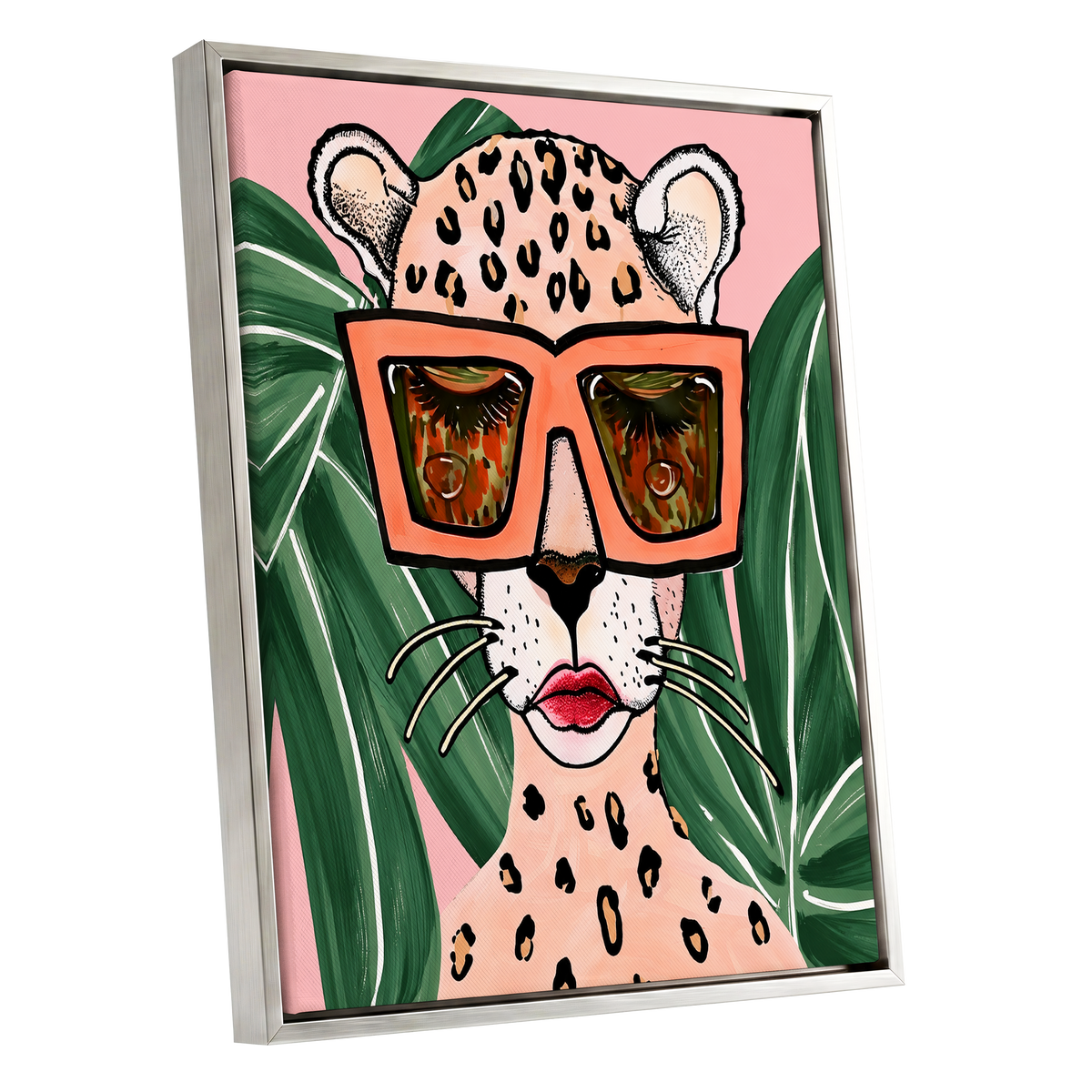 Leopard in Coral Shades, pink, green, orange nature wall art shown as a silver framed canvas wall art