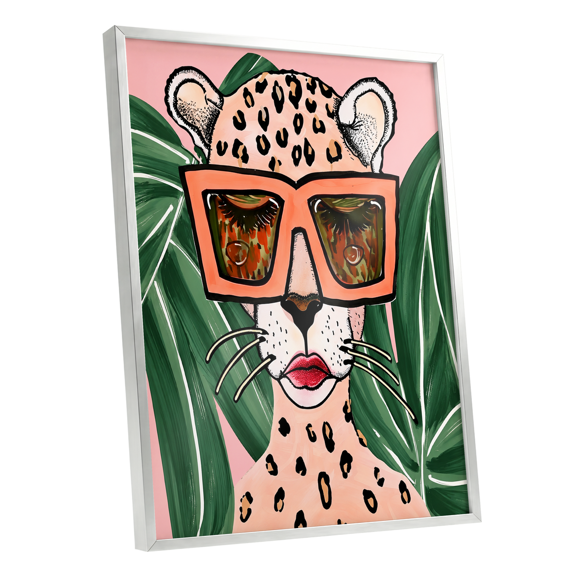 Leopard in Coral Shades, pink, green, orange nature wall art shown as a silver framed poster wall art print
