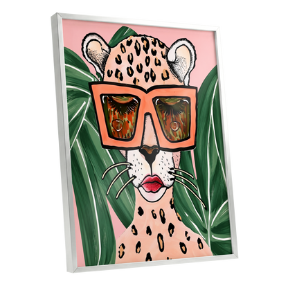 Leopard in Coral Shades, pink, green, orange nature wall art shown as a silver framed poster wall art print