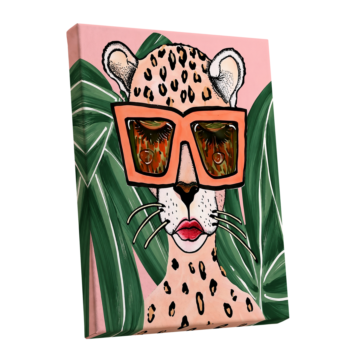 Leopard in Coral Shades, pink, green, orange nature wall art shown as a stretched canvas wall art