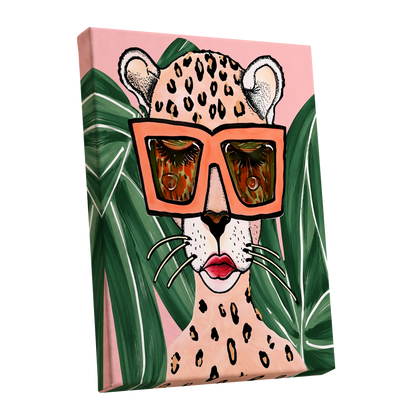 Leopard in Coral Shades, pink, green, orange nature wall art shown as a stretched canvas wall art