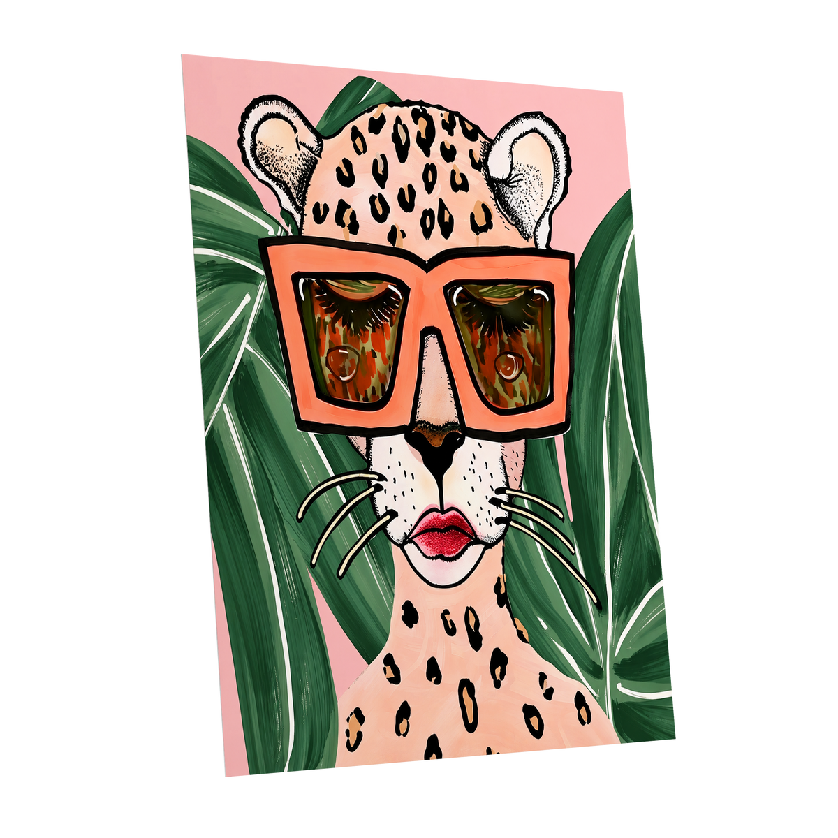 Leopard in Coral Shades, pink, green, orange nature wall art shown as a unframed poster wall art print