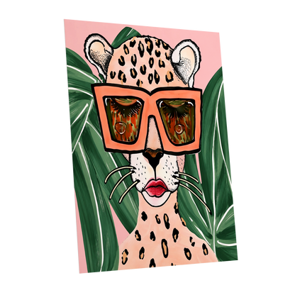 Leopard in Coral Shades, pink, green, orange nature wall art shown as a unframed poster wall art print