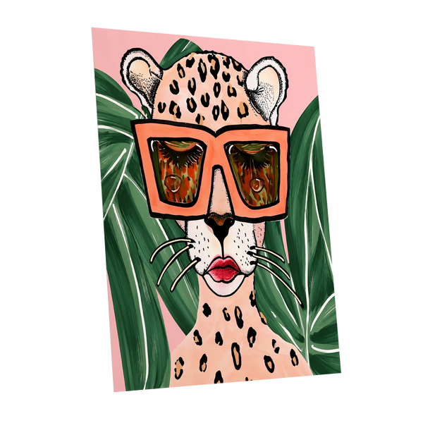Leopard in Coral Shades, pink, green, orange nature wall art shown as a unframed poster wall art print