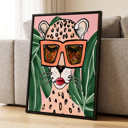 Leopard in Coral Shades, pink, green, orange nature wall art displayed in a styled interior, gallery view 1