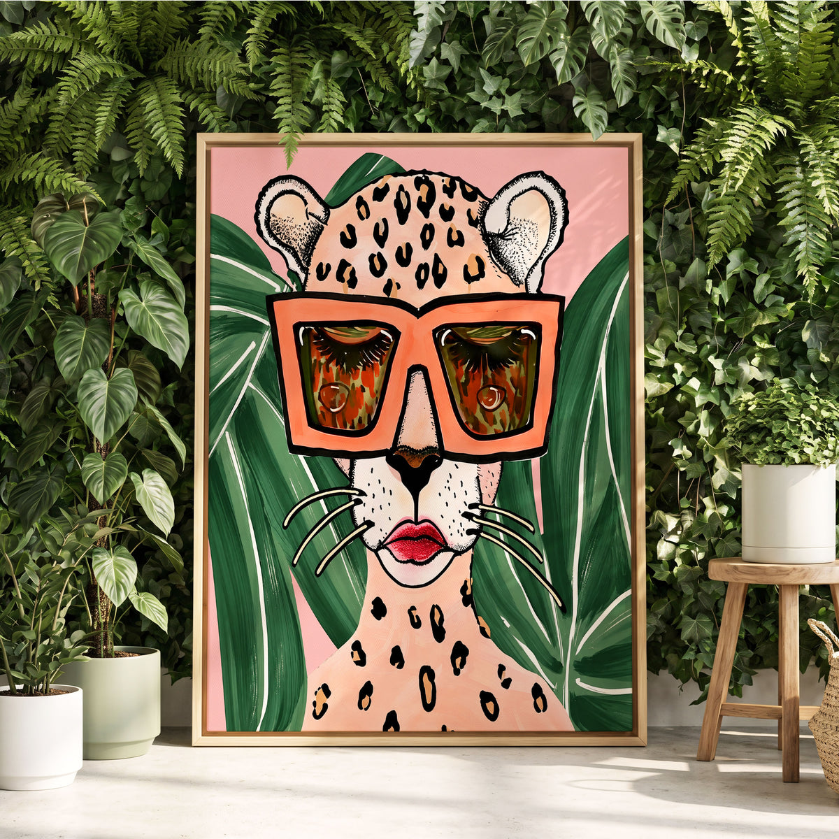 Leopard in Coral Shades, pink, green, orange nature wall art displayed in a styled interior, gallery view 2