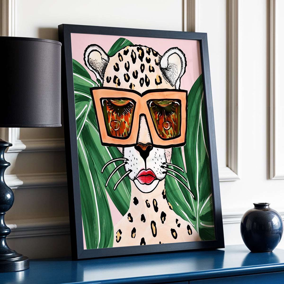 Leopard in Coral Shades, pink, green, orange nature wall art displayed in a styled interior, gallery view 3