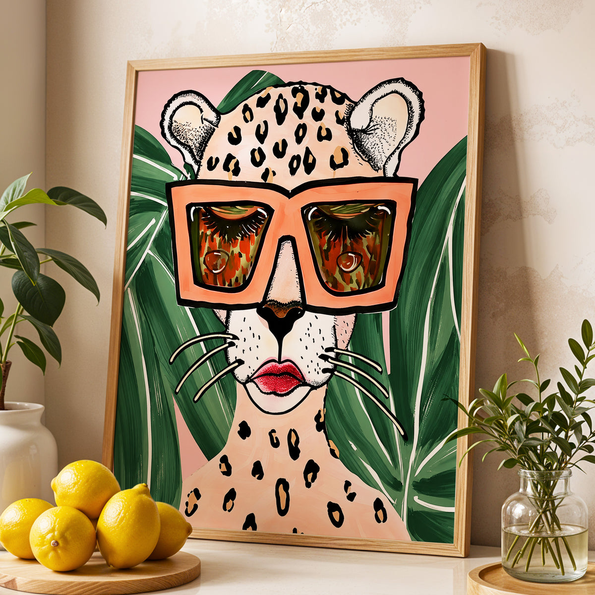 Leopard in Coral Shades, pink, green, orange nature wall art displayed in a styled interior, gallery view 4