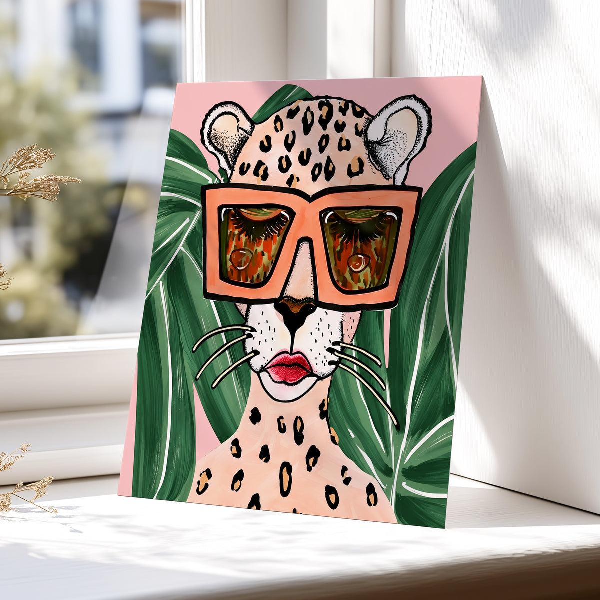 Leopard in Coral Shades, pink, green, orange nature wall art displayed in a styled interior, gallery view 5