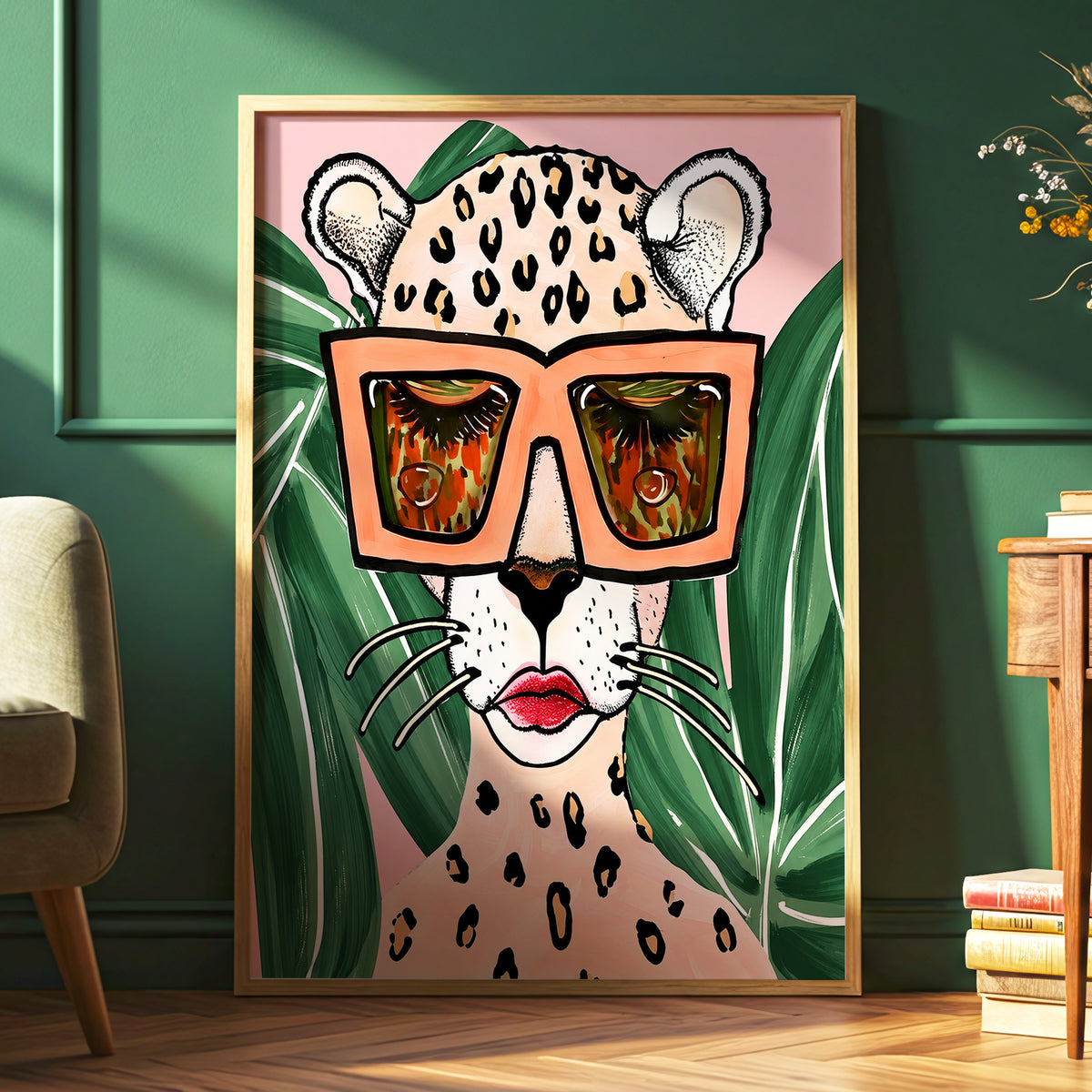 Leopard in Coral Shades, pink, green, orange nature wall art displayed in a styled interior, gallery view 6
