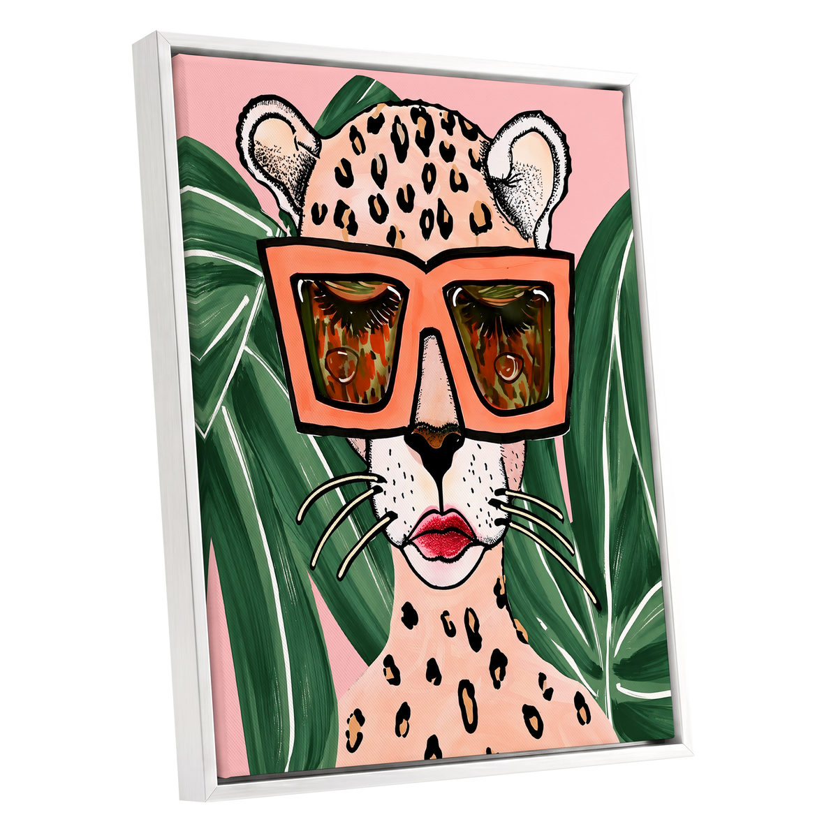 Leopard in Coral Shades, pink, green, orange nature wall art shown as a white framed canvas wall art