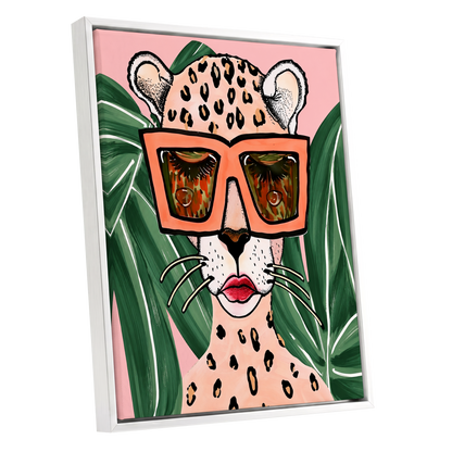 Leopard in Coral Shades, pink, green, orange nature wall art shown as a white framed canvas wall art