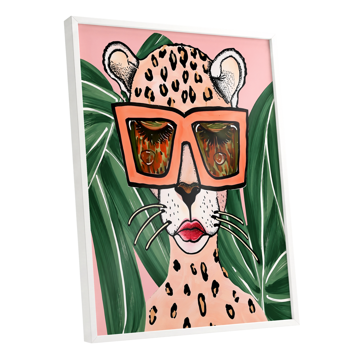 Leopard in Coral Shades, pink, green, orange nature wall art shown as a white framed poster wall art print