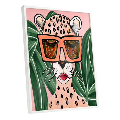 Leopard in Coral Shades, pink, green, orange nature wall art shown as a white framed poster wall art print