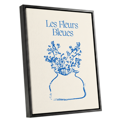 Les Fleurs in Blue, blue, beige, white floral wall art shown as a black framed canvas wall art