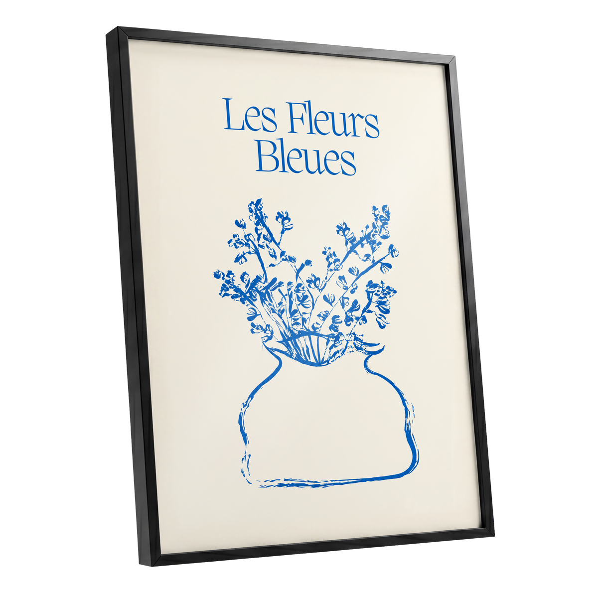 Les Fleurs in Blue, blue, beige, white floral wall art shown as a black framed poster wall art print