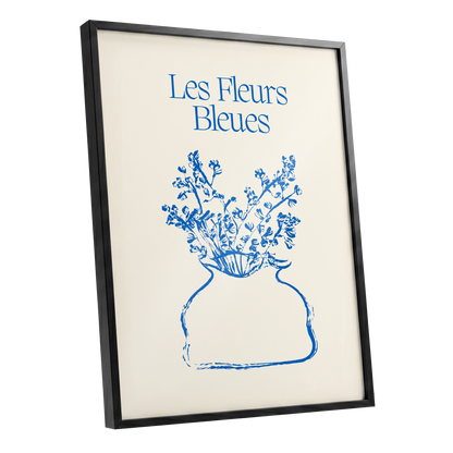 Les Fleurs in Blue, blue, beige, white floral wall art shown as a black framed poster wall art print
