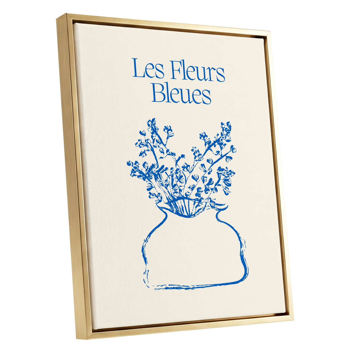 Les Fleurs in Blue, blue, beige, white floral wall art shown as a gold framed canvas wall art