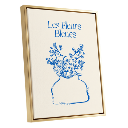 Les Fleurs in Blue, blue, beige, white floral wall art shown as a gold framed canvas wall art