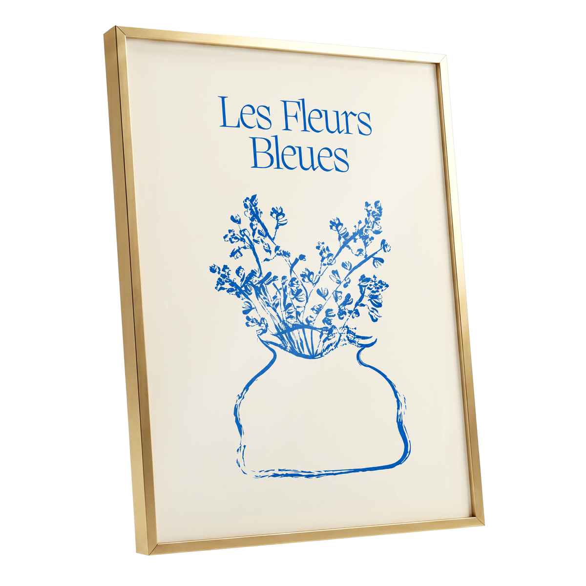 Les Fleurs in Blue, blue, beige, white floral wall art shown as a gold framed poster wall art print