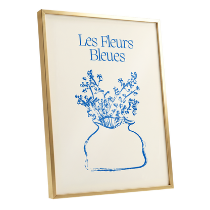 Les Fleurs in Blue, blue, beige, white floral wall art shown as a gold framed poster wall art print