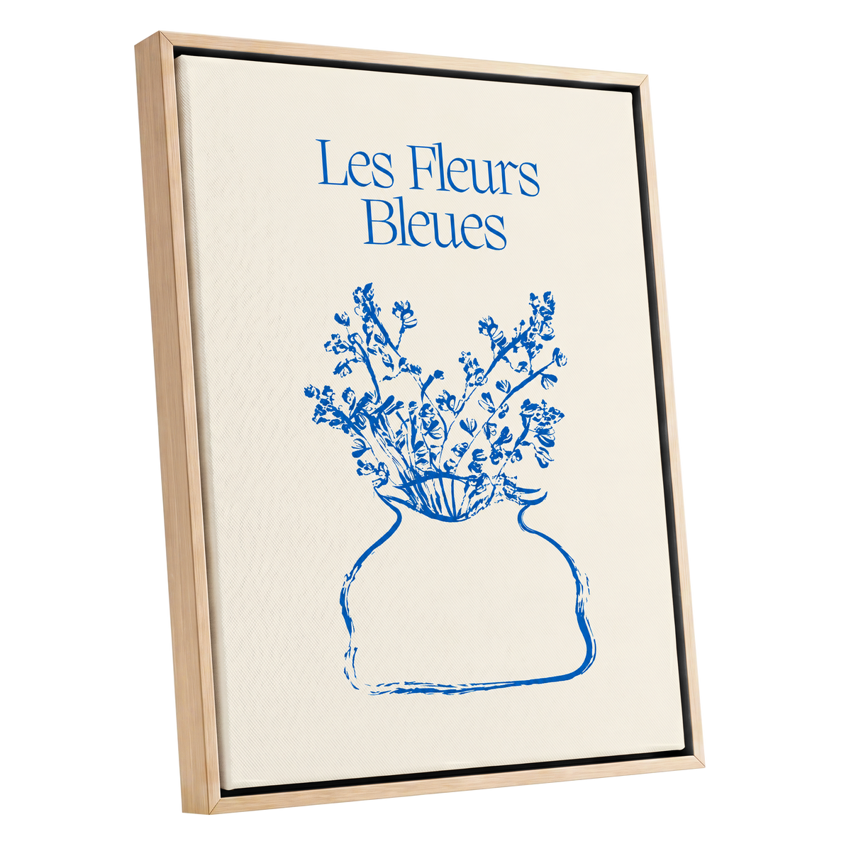 Les Fleurs in Blue, blue, beige, white floral wall art shown as a oak framed canvas wall art