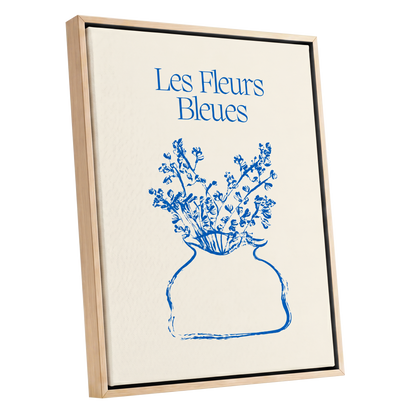 Les Fleurs in Blue, blue, beige, white floral wall art shown as a oak framed canvas wall art
