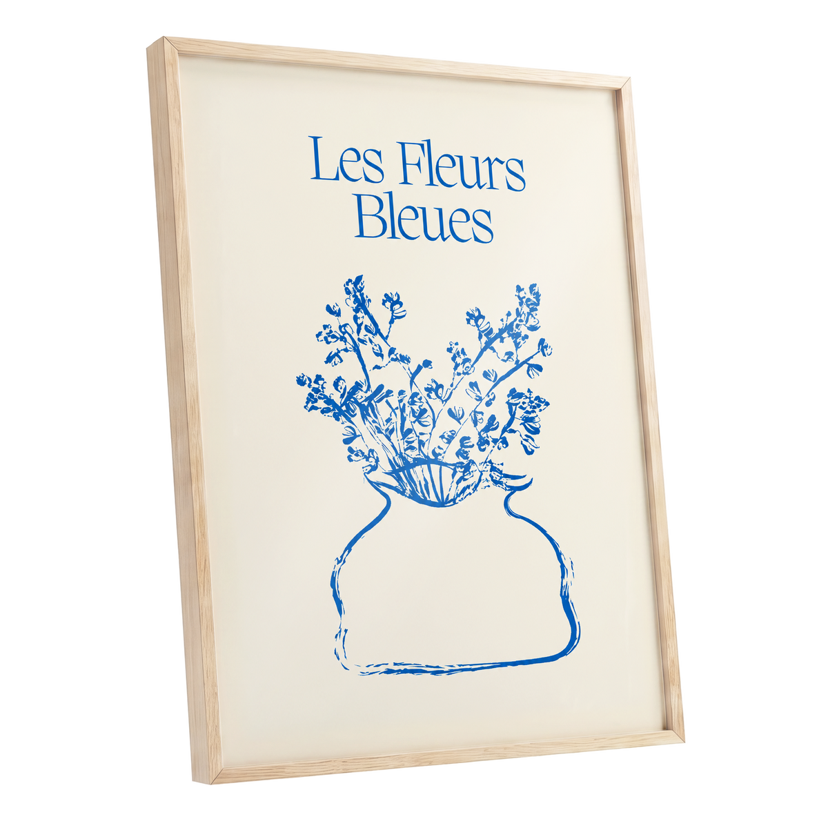 Les Fleurs in Blue, blue, beige, white floral wall art shown as a oak framed poster wall art print