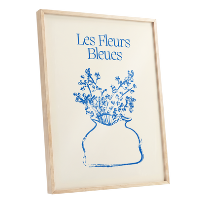 Les Fleurs in Blue, blue, beige, white floral wall art shown as a oak framed poster wall art print