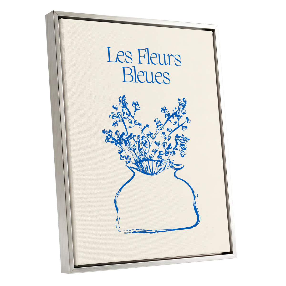 Les Fleurs in Blue, blue, beige, white floral wall art shown as a silver framed canvas wall art