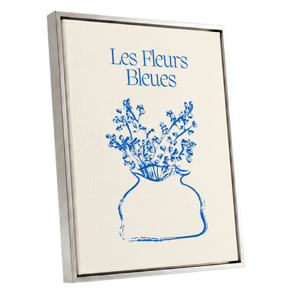 Les Fleurs in Blue, blue, beige, white floral wall art shown as a silver framed canvas wall art