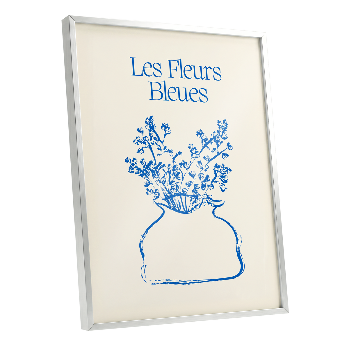 Les Fleurs in Blue, blue, beige, white floral wall art shown as a silver framed poster wall art print