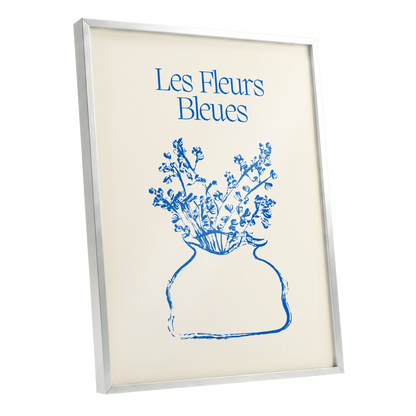 Les Fleurs in Blue, blue, beige, white floral wall art shown as a silver framed poster wall art print