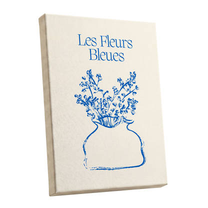 Les Fleurs in Blue, blue, beige, white floral wall art shown as a stretched canvas wall art