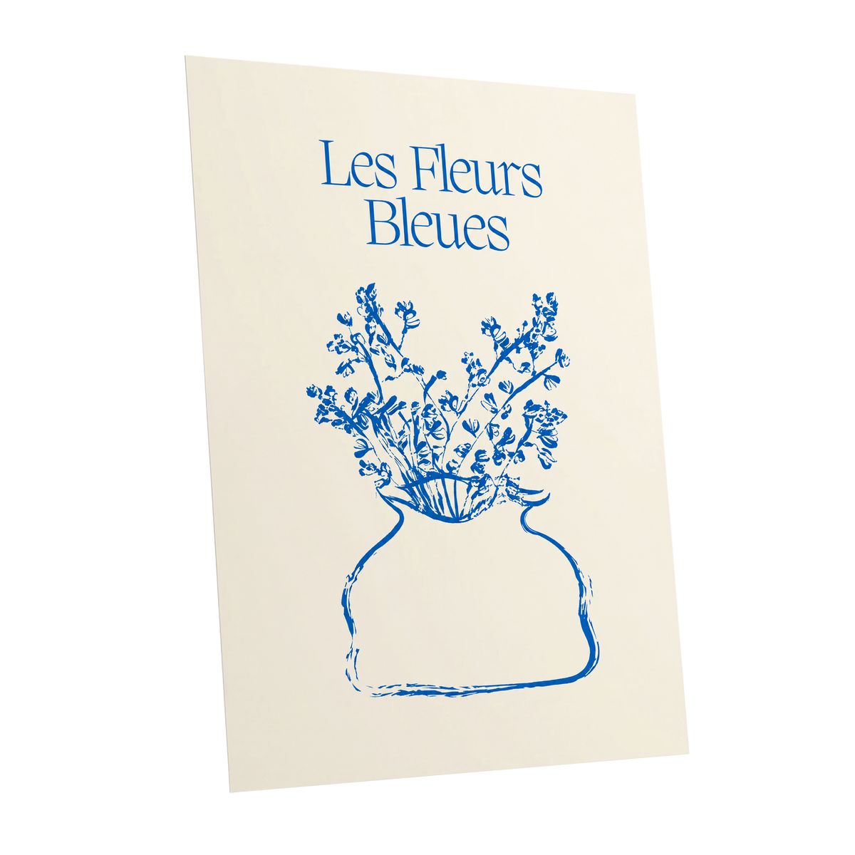 Les Fleurs in Blue, blue, beige, white floral wall art shown as a unframed poster wall art print