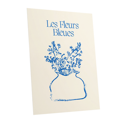 Les Fleurs in Blue, blue, beige, white floral wall art shown as a unframed poster wall art print