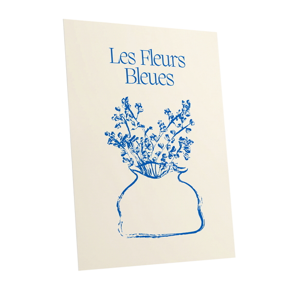Les Fleurs in Blue, blue, beige, white floral wall art shown as a unframed poster wall art print