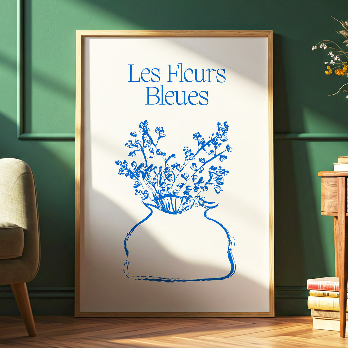 Les Fleurs in Blue, blue, beige, white floral wall art displayed in a styled interior, gallery view 2