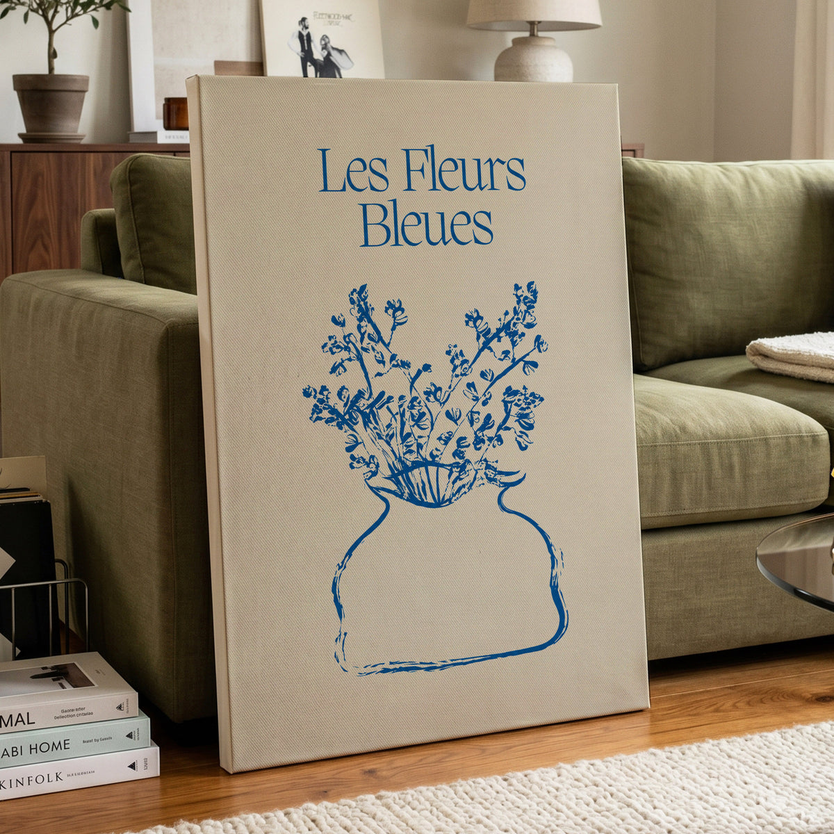 Les Fleurs in Blue, blue, beige, white floral wall art displayed in a styled interior, gallery view 3