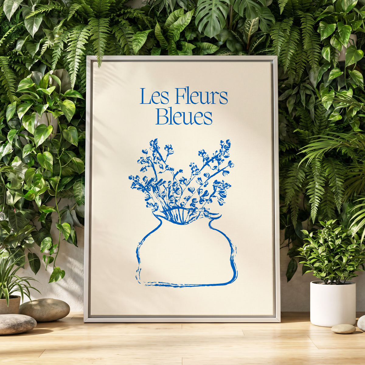 Les Fleurs in Blue, blue, beige, white floral wall art displayed in a styled interior, gallery view 4