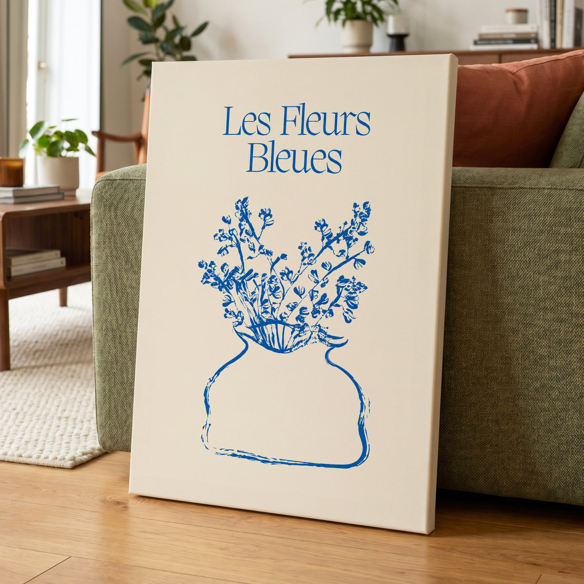 Les Fleurs in Blue, blue, beige, white floral wall art displayed in a styled interior, gallery view 7