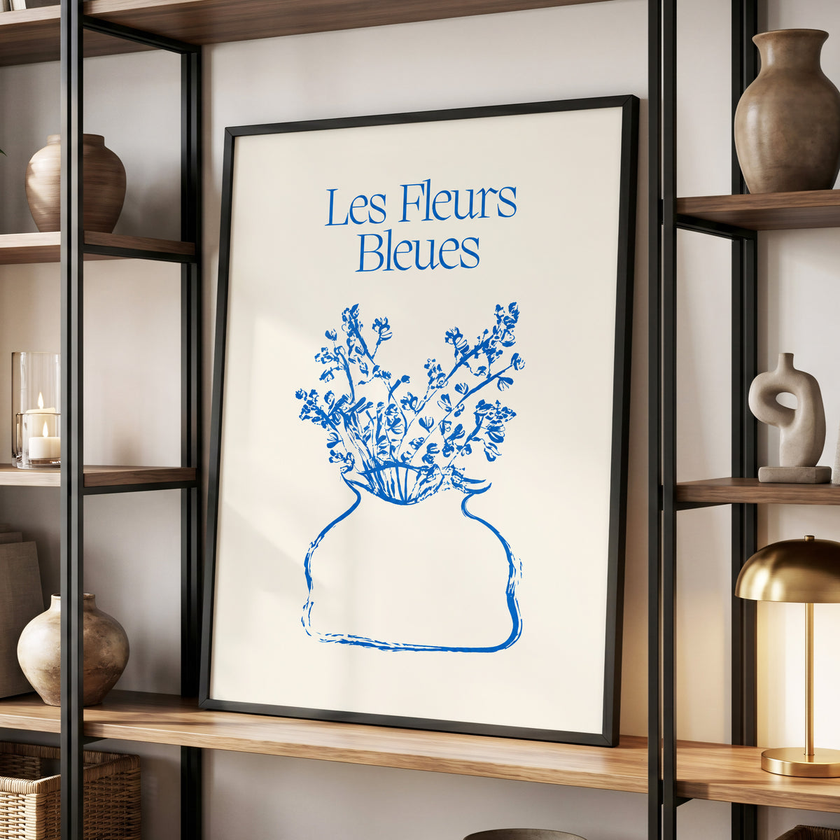 Les Fleurs in Blue, blue, beige, white floral wall art displayed in a styled interior, gallery view 9