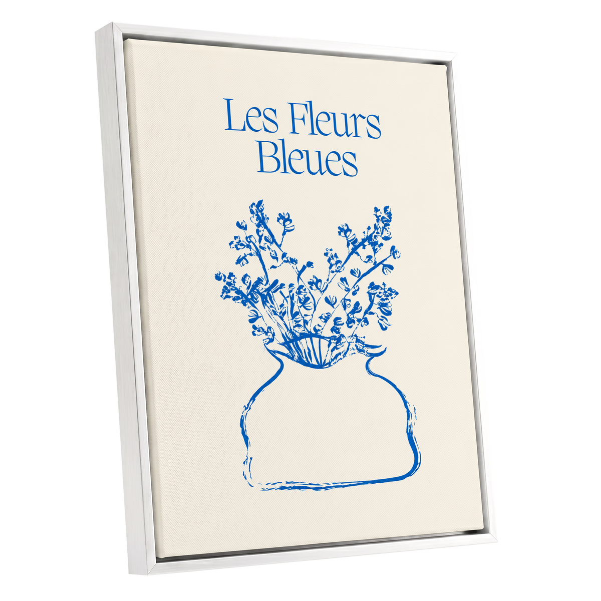 Les Fleurs in Blue, blue, beige, white floral wall art shown as a white framed canvas wall art