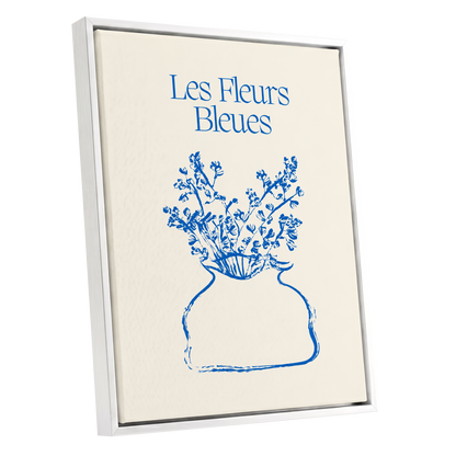 Les Fleurs in Blue, blue, beige, white floral wall art shown as a white framed canvas wall art