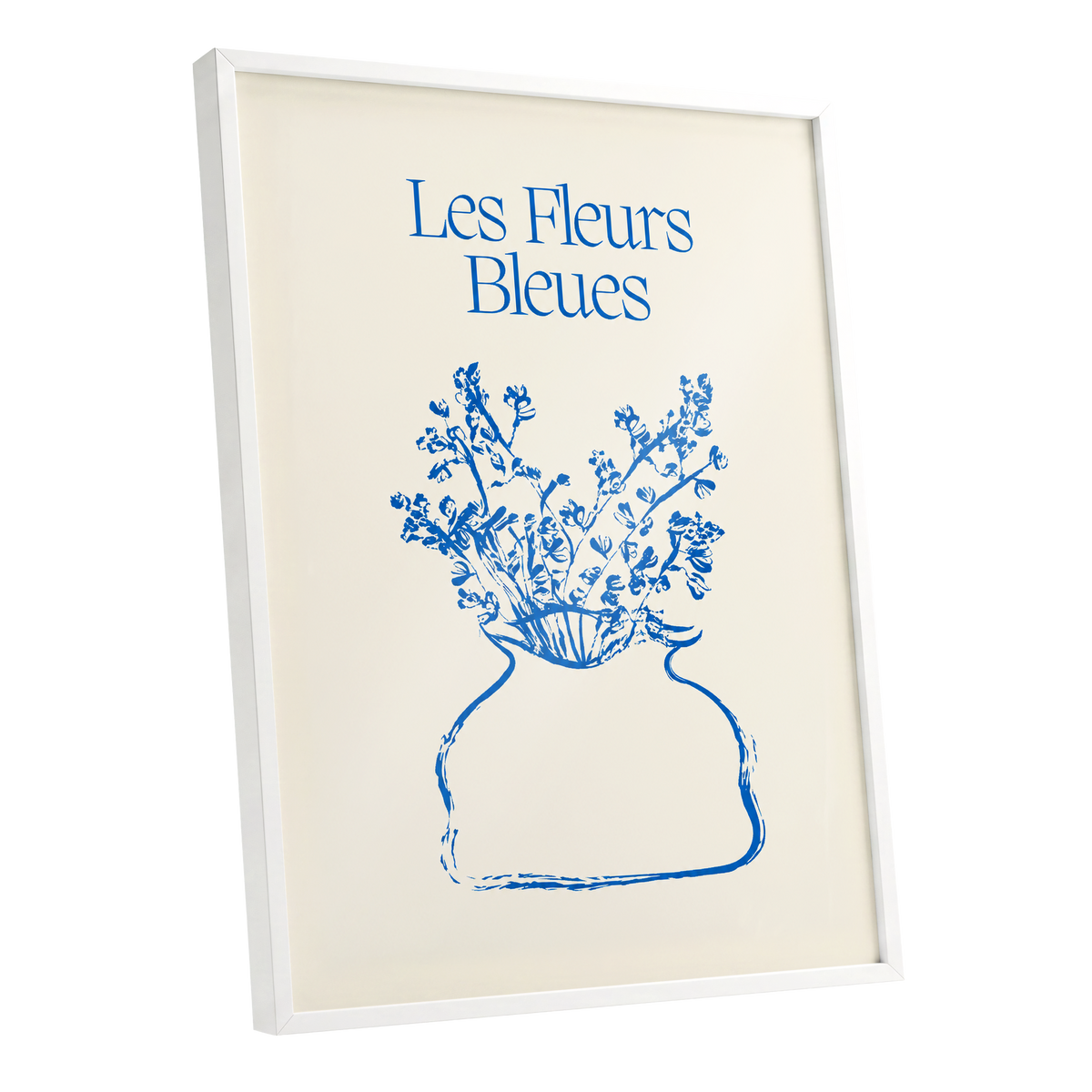 Les Fleurs in Blue, blue, beige, white floral wall art shown as a white framed poster wall art print