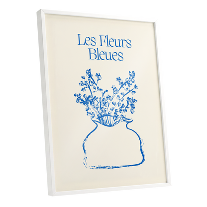 Les Fleurs in Blue, blue, beige, white floral wall art shown as a white framed poster wall art print