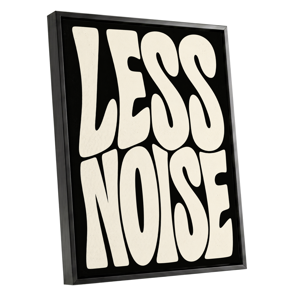 Less Noise, black, beige minimalist wall art shown as a black framed canvas wall art