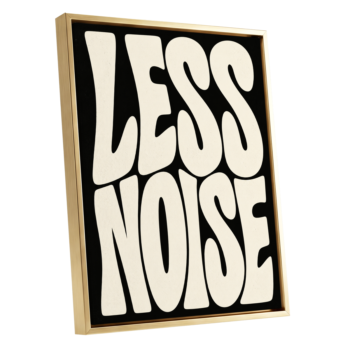 Less Noise, black, beige minimalist wall art shown as a gold framed canvas wall art