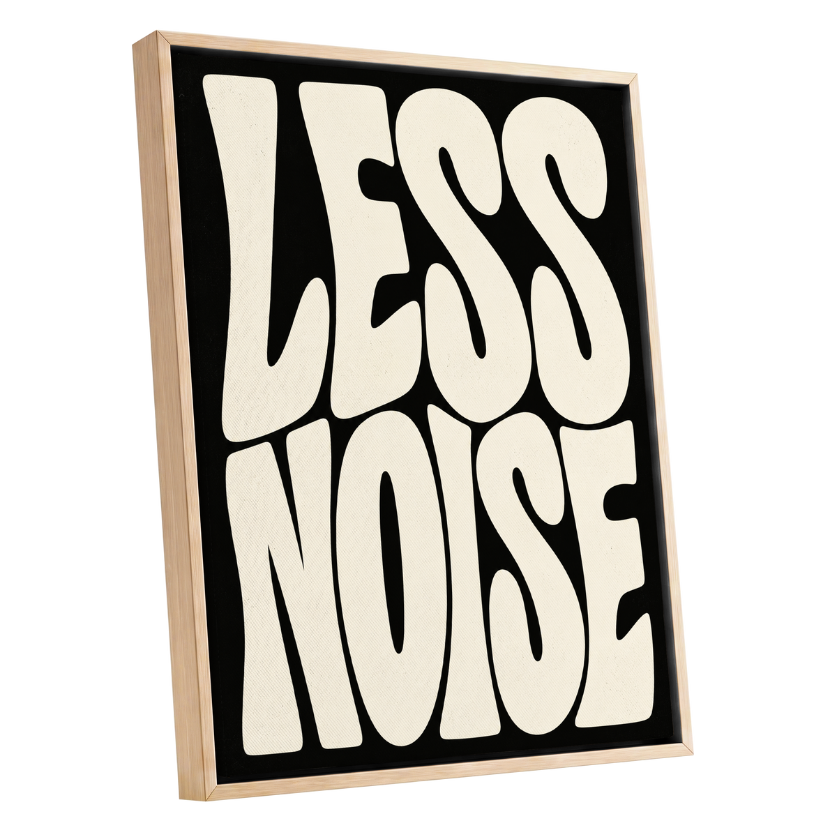Less Noise, black, beige minimalist wall art shown as a oak framed canvas wall art